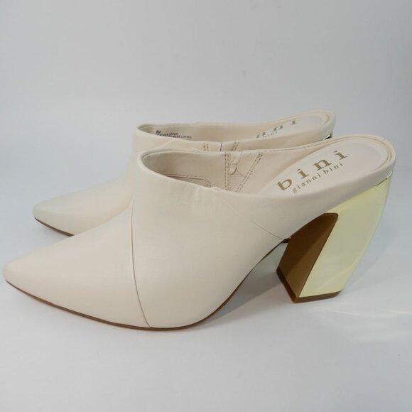 Gianni Bini Donovan Heeled Leather Mules Size 8 Cream Gold Curved Heels NEW - Picture 3 of 16